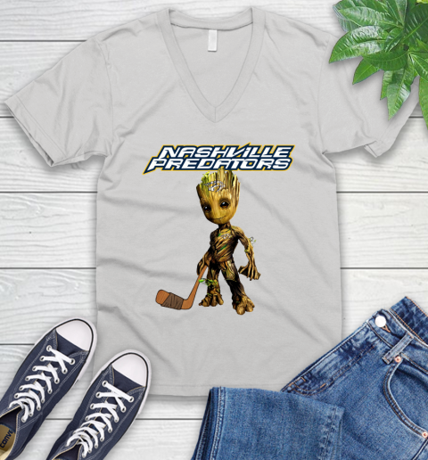 Nashville Predators NHL Hockey Groot Marvel Guardians Of The Galaxy V-Neck T-Shirt