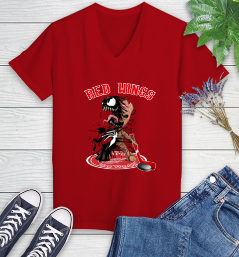 NHL Detroit Red Wings Hockey Venom Groot Guardians Of The Galaxy Women's V-Neck T-Shirt 12