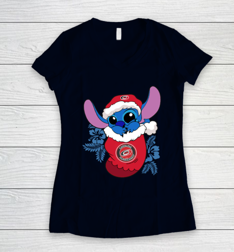 Carolina Hurricanes Christmas Stitch In The Sock Funny Disney NHL Women's V-Neck T-Shirt 3