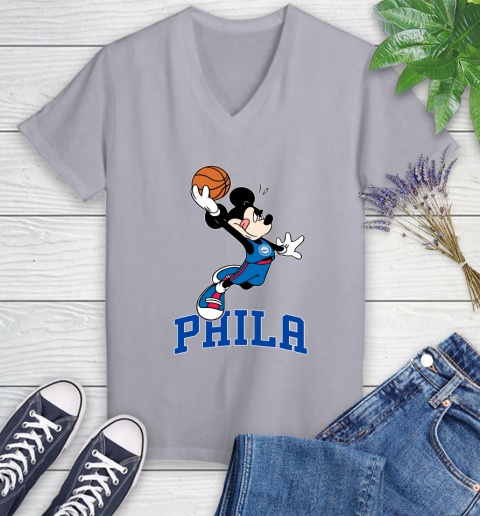 NBA Basketball Philadelphia 76ers Cheerful Mickey Mouse Shirt Women's V-Neck T-Shirt 4