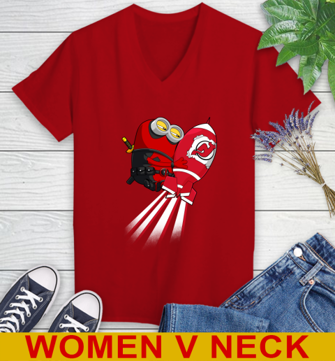 NHL Hockey New Jersey Devils Deadpool Minion Marvel Shirt Women's V-Neck T-Shirt 10