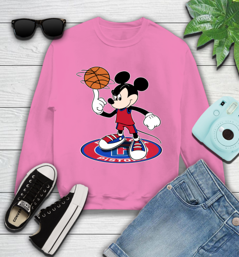 NBA Basketball Detroit Pistons Cheerful Mickey Disney Shirt Youth Sweatshirt - Image 7