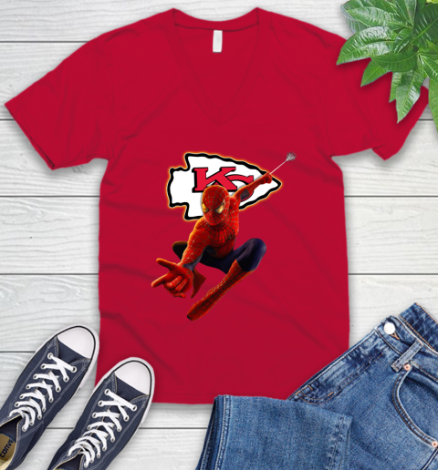 NFL Spider Man Avengers Endgame Football Kansas City Chiefs V-Neck T-Shirt 7