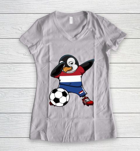 Dabbing Penguin Netherlands Soccer Fan Jersey Football Lover Women's V-Neck T-Shirt