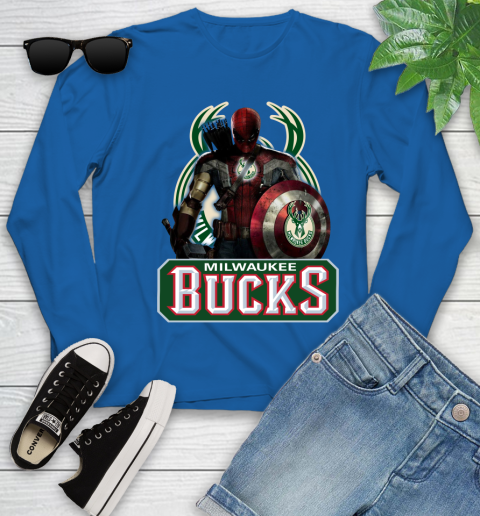 Milwaukee Bucks NBA Basketball Captain America Thor Spider Man Hawkeye Avengers Youth Long Sleeve 9