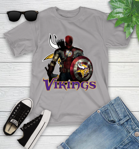NFL Captain America Thor Spider Man Hawkeye Avengers Endgame Football Minnesota Vikings Youth T-Shirt 4