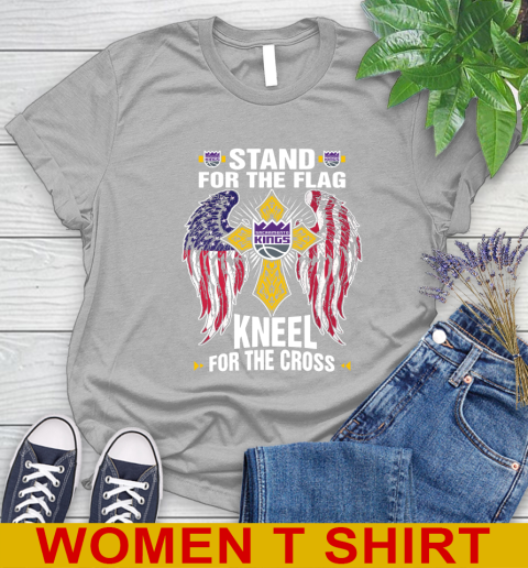 NBA Basketball Sacramento Kings Stand For Flag Kneel For The Cross Shirt Women's T-Shirt - Image 6