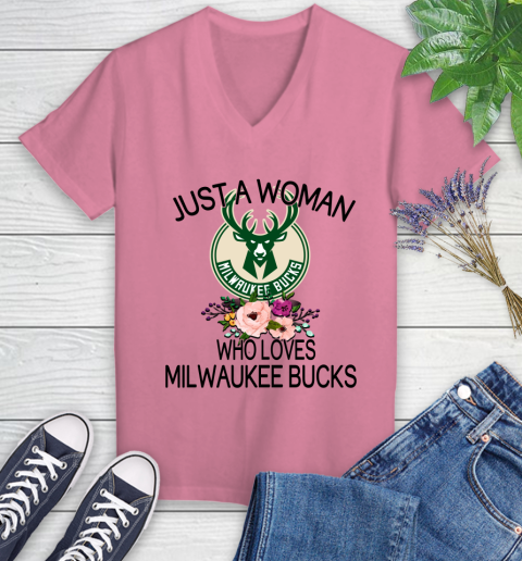 NBA Just A Woman Who Loves Milwaukee Bucks Basketball Sports Women's V-Neck T-Shirt 8