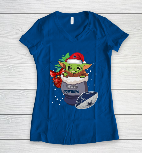 Dallas Cowboys Christmas Baby Yoda Star Wars Funny Happy NFL Women's V-Neck T-Shirt 9