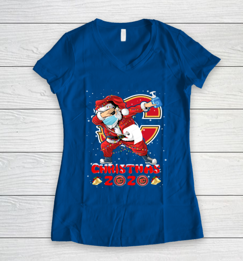 Calgary Flames Funny Santa Claus Dabbing Christmas 2020 NHL Women's V-Neck T-Shirt 7