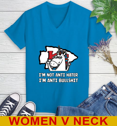 Kansas City Chiefs NFL Football Unicorn I'm Not Anti Hater I'm Anti Bullshit Women's V-Neck T-Shirt 8
