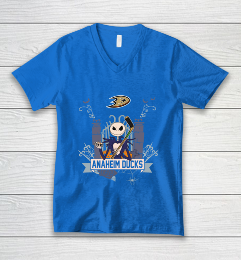 NHL Anaheim Ducks Hockey Jack Skellington Halloween V-Neck T-Shirt 5