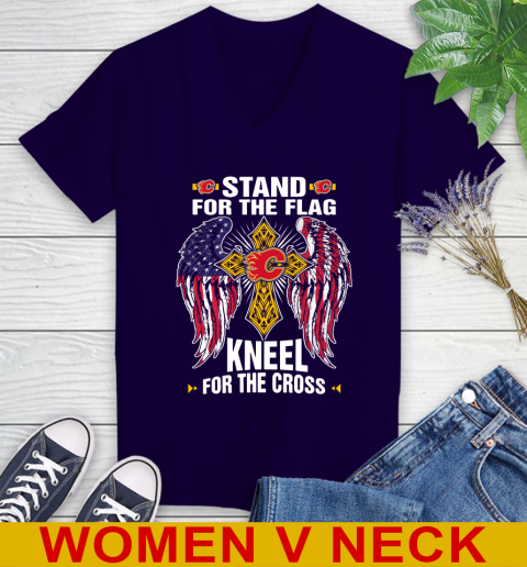 NHL Hockey Calgary Flames Stand For Flag Kneel For The Cross Shirt Women's V-Neck T-Shirt 3
