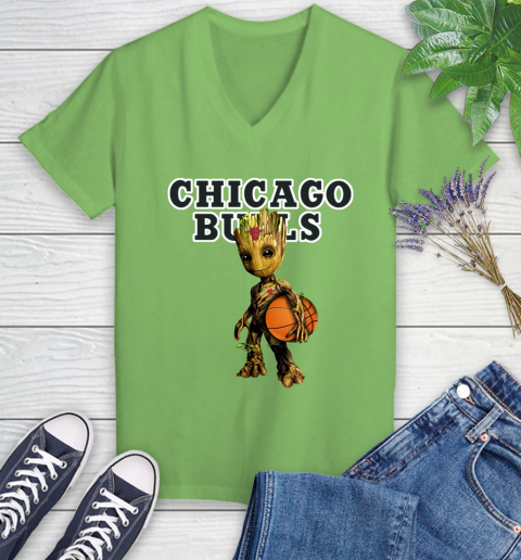 Chicago Bulls NBA Basketball Groot Marvel Guardians Of The Galaxy Women's V-Neck T-Shirt 11