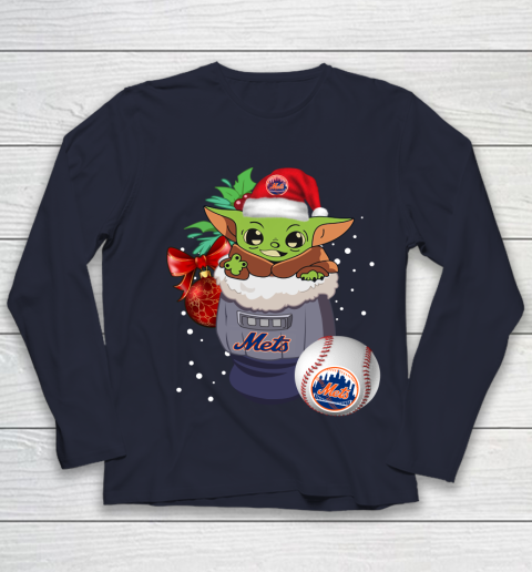 New York Mets Christmas Baby Yoda Star Wars Funny Happy MLB Youth Long Sleeve 3