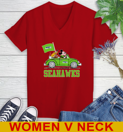 NFL Football Seattle Seahawks Pluto Mickey Driving Disney Shirt Women's V-Neck T-Shirt 12
