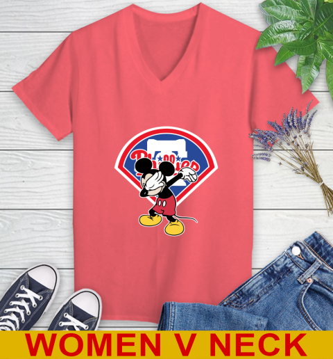 Philadelphia Phillies MLB Baseball Dabbing Mickey Disney Sports Women's V-Neck T-Shirt 7