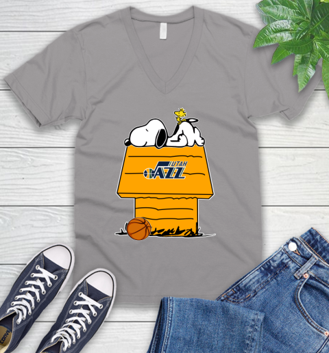 Utah Jazz NBA Basketball Snoopy Woodstock The Peanuts Movie V-Neck T-Shirt 4