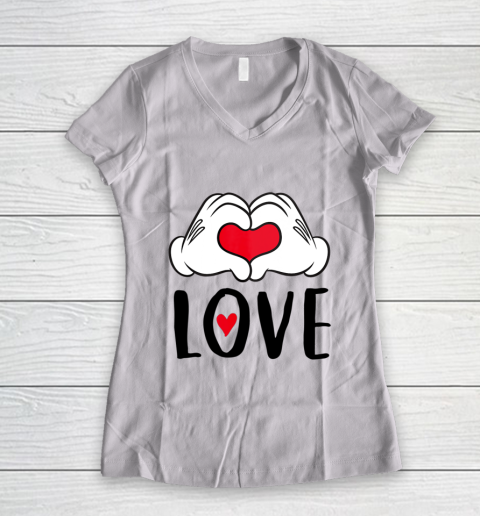 Disney Mickey and Minnie Mouse Heart Hands Love Women's V-Neck T-Shirt