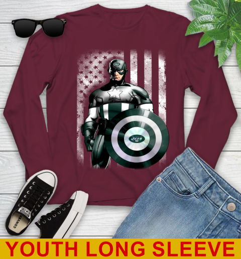 New York Jets NFL Football Captain America Marvel Avengers American Flag Shirt Youth Long Sleeve 6