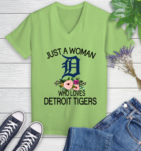 MLB Just A Woman Who Loves Detroit Tigers Baseball Sports Women's V-Neck T-Shirt 6