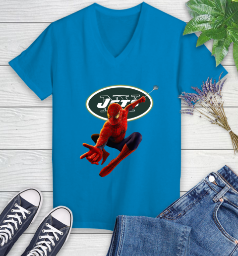 NFL Spider Man Avengers Endgame Football New York Jets Women's V-Neck T-Shirt 7
