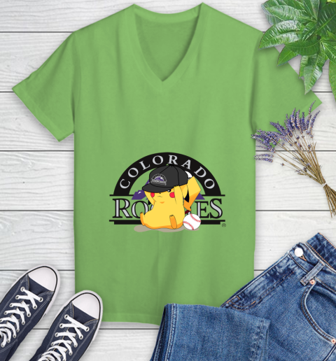 MLB Pikachu Baseball Sports Colorado Rockies Women's V-Neck T-Shirt 11