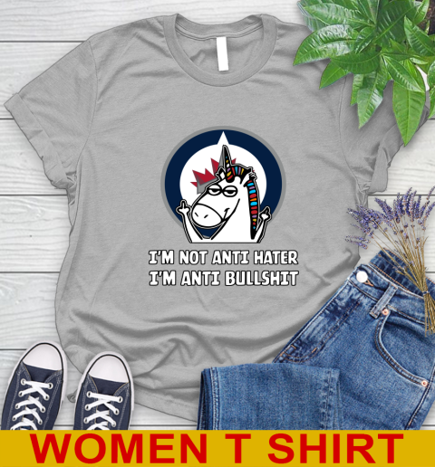 Winnipeg Jets NHL Hockey Unicorn I'm Not Anti Hater I'm Anti Bullshit Women's T-Shirt 5