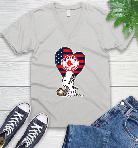 Boston Red Sox MLB Baseball The Peanuts Movie Adorable Snoopy V-Neck T-Shirt