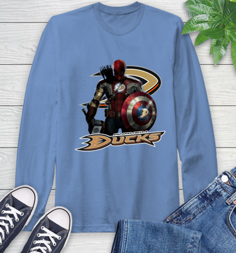NHL Captain America Thor Spider Man Hawkeye Avengers Endgame Hockey Anaheim Ducks Long Sleeve T-Shirt 11