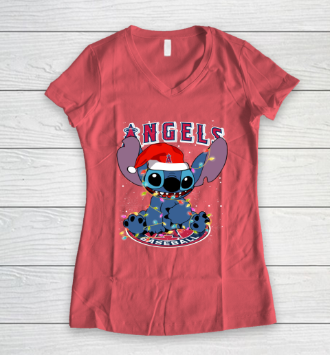 Los Angeles Angels MLB noel stitch Baseball Christmas Women's V-Neck T-Shirt 3