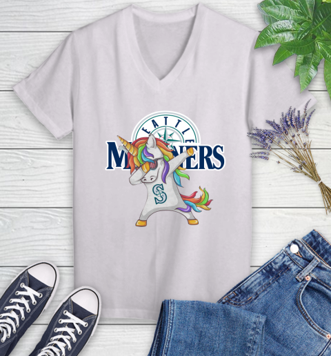 Seattle Mariners MLB Baseball Funny Unicorn Dabbing Sports Women's V-Neck T-Shirt