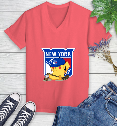 NHL Pikachu Hockey Sports New York Rangers Women's V-Neck T-Shirt 6