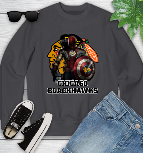 NHL Captain America Thor Spider Man Hawkeye Avengers Endgame Hockey Chicago Blackhawks Youth Sweatshirt 6