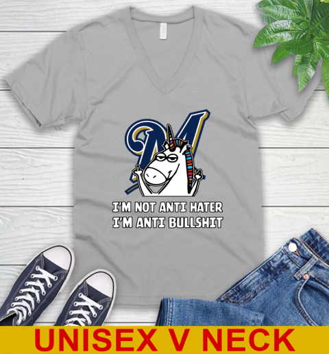 Milwaukee Brewers MLB Baseball Unicorn I'm Not Anti Hater I'm Anti Bullshit V-Neck T-Shirt 4