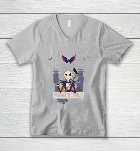 NHL Washington Capitals Hockey Jack Skellington Halloween V-Neck T-Shirt 3