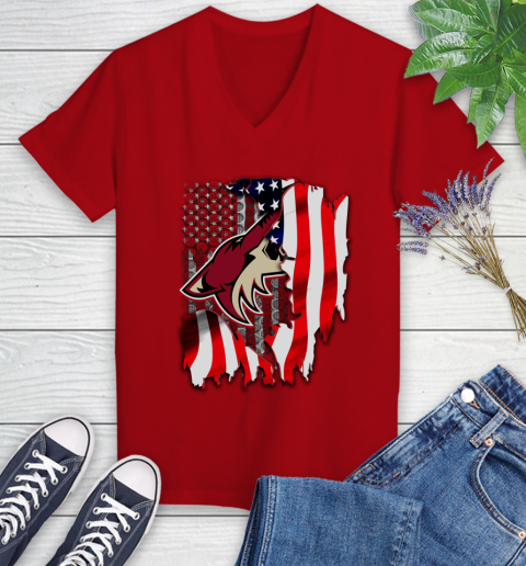 Arizona Coyotes NHL Hockey American Flag Women's V-Neck T-Shirt 11