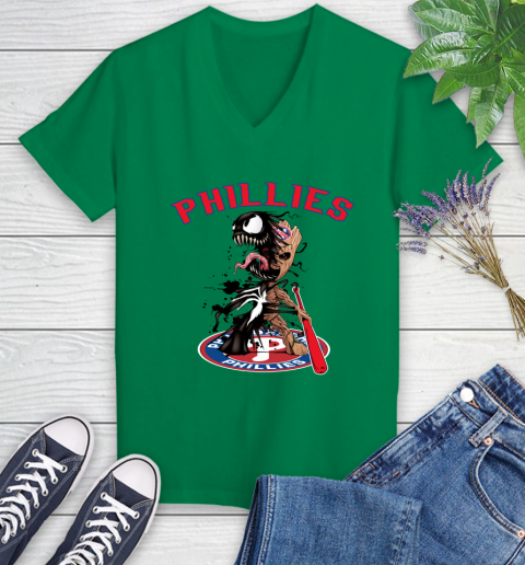 MLB Philadelphia Phillies Baseball Venom Groot Guardians Of The Galaxy Women's V-Neck T-Shirt 5