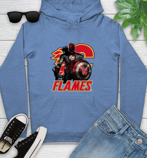 NHL Captain America Thor Spider Man Hawkeye Avengers Endgame Hockey Calgary Flames Youth Hoodie 12