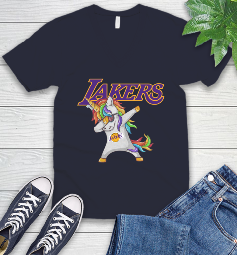 Los Angeles Lakers NBA Basketball Funny Unicorn Dabbing Sports V-Neck T-Shirt 3
