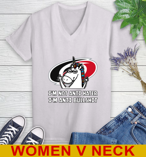 Carolina Hurricanes NHL Hockey Unicorn I'm Not Anti Hater I'm Anti Bullshit Women's V-Neck T-Shirt
