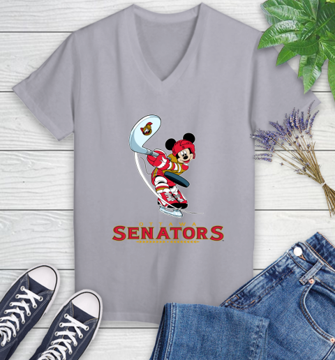 NHL Hockey Ottawa Senators Cheerful Mickey Mouse Shirt Women's V-Neck T-Shirt 4