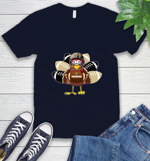New Orleans Saints Turkey Thanksgiving Day V-Neck T-Shirt 3