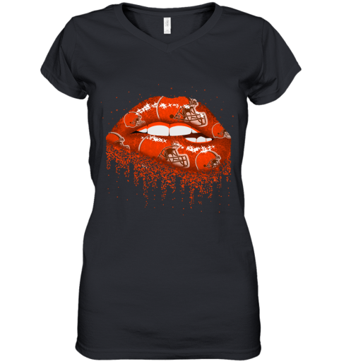 Biting Glossy Lips Sexy Cleveland Browns NFL Football Women's V-Neck T-Shirt