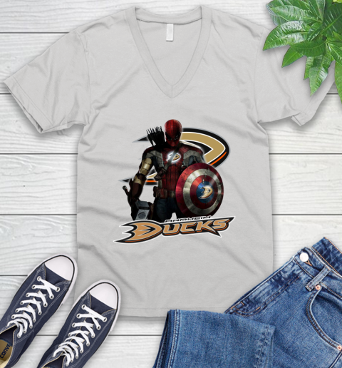 NHL Captain America Thor Spider Man Hawkeye Avengers Endgame Hockey Anaheim Ducks V-Neck T-Shirt