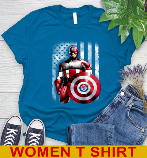 Texas Rangers MLB Baseball Captain America Marvel Avengers American Flag Shirt Women's T-Shirt 8