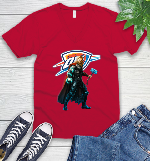 NBA Thor Avengers Endgame Basketball Oklahoma City Thunder V-Neck T-Shirt 7