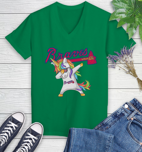 Atlanta Braves MLB Baseball Funny Unicorn Dabbing Sports Women's V-Neck T-Shirt 5