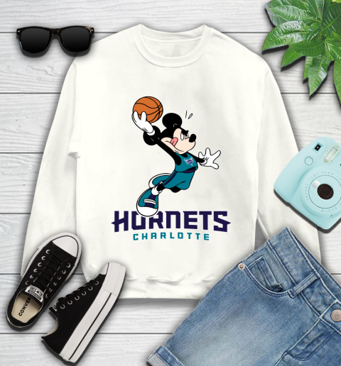 NBA Basketball Charlotte Hornets Cheerful Mickey Mouse Shirt Youth Sweatshirt 2