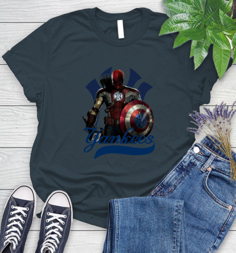 MLB Captain America Thor Spider Man Hawkeye Avengers Endgame Baseball New York Yankees Women's T-Shirt 8